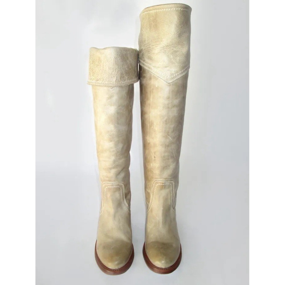 Frye Jane Tall Cuff OTK Boots Leather Fold Over Beige Sz 7.5B $390